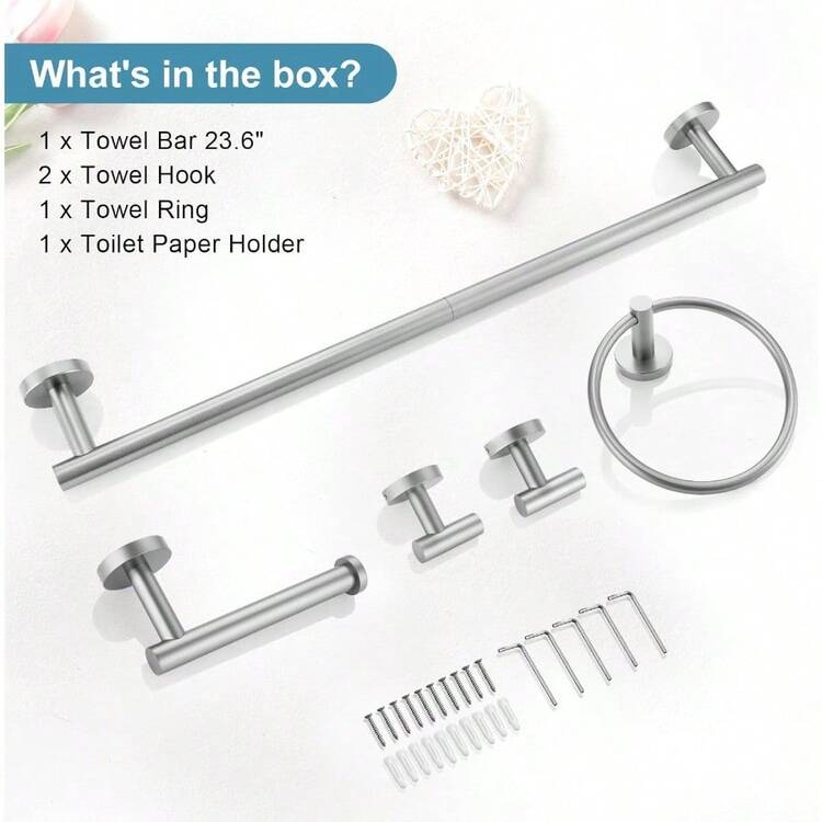 Sunzone 5-Piece Bathroom Hardware Set – Brushed Silver Towel Bar, Ring, Hooks & Toilet Paper Holder, Wall Mount