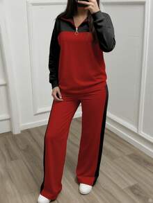Women's Casual Set, Elegant Sports Suit With Lapel Loose Top And Wide-Leg Pants, 2 Pieces Set, Autumn/Winter Spring - Red - View 5