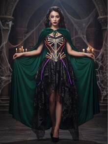 1pc Unisex Adult Black Sheer Knit Hooded Cloak Cape, Single Layer Costume For Halloween, Christmas, Masquerade Party, Witch, Demon, Vampire, Elf Cosplay, Grim Reaper Robe With Hood, Total Length 1.7m - Multicolor - View 8