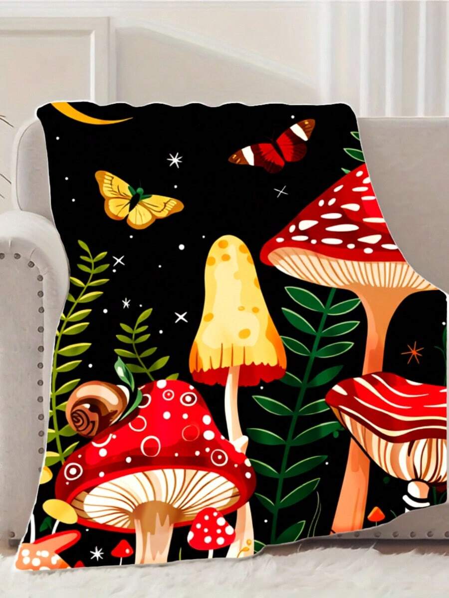 Flannel Blanket Black Mushroom Forest With Butterflies And Snail Print For Couch And Bedroom Use Suitable For Festivals And Daily Use - Nhiều màu - Xem 1