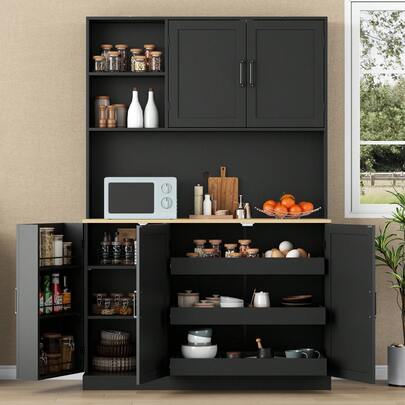 Kitchen Pantry Cabinet, 71" Tall Kitchen Pantries With 3 Pull-Out Drawers, Large Kitchen Storage Cabinets With Hutch & Door Shelves, Pantry Organizer With Microwave Coffee Stand For Dining Room, Black