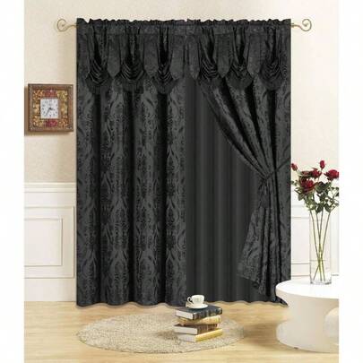 New 4 Piece Drape Set With Attached Valance And Sheer With 2 Tie Backs Included 84 Inch Length, Black