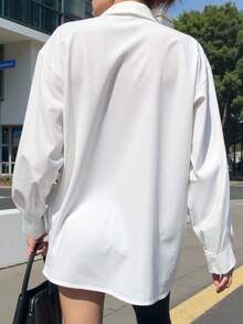 Nueva camisa de manga larga para mujer de estilo deportivo universitario para exteriores, diseño de moda simplista, tela con estiramiento en cuatro direcciones, ajuste holgado de manga larga para mujer, primavera/otoño blanco - Blanco - Ver 4