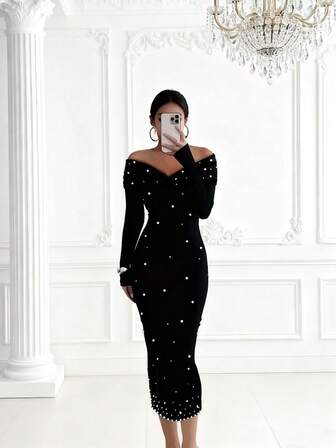 Women's Elegant Pearl Decor Off-Shoulder Long Sleeve Pencil Dress, Party Cocktail Dress, Valentine's Day Gift