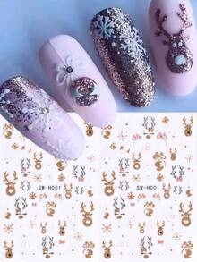 3D sclipici auriu desene animate Crăciun unghii autocolante 2 buc negru alb auriu drăguț arc elan fulg de zăpadă cerb DIY Kawaii iarna Crăciun autoadeziv gel polonez Decal slider unghii arta decorare - Multicolor - Vizualizare 2