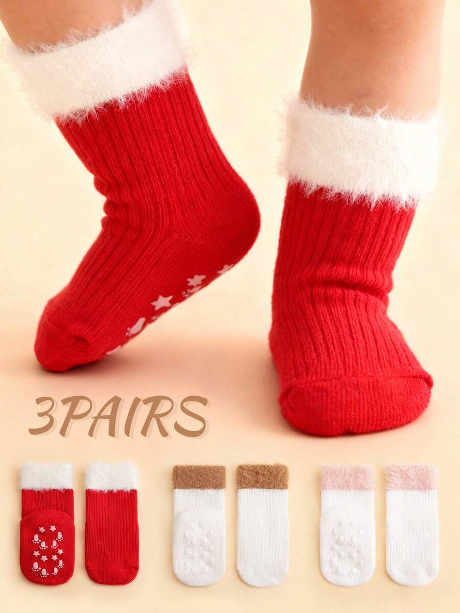 3 Pairs Baby Christmas Red Fringe Socks Set, Suitable For Boys And Girls, Warm For Winter Holiday, Great Gift For Grandchildren - Multicolor - View 1