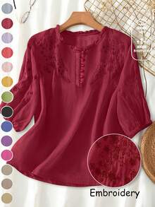 Women Viscose Embroidered Loose Retro Plus Size Mid-Sleeve Blouse Tops, Suitable For Spring/Summer - Rose Red - View 6