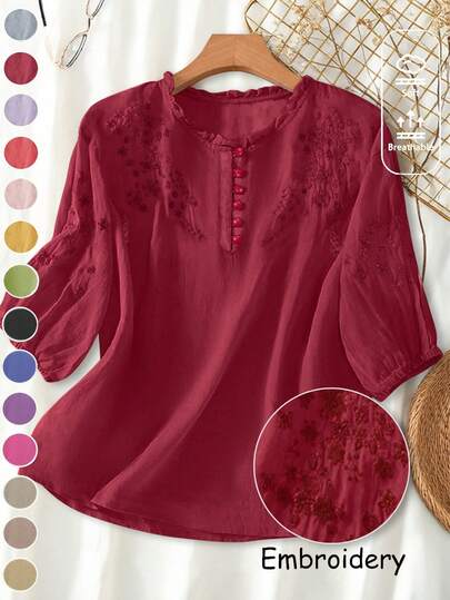 女士粘胶刺绣宽松复古大码中袖衬衫上衣，适合春夏季