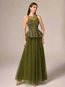 Latest Design Elegant Luxury Satin Sequin Patchwork Strapless Evening Gown, Lake Blue - Mustard Yellow - View 8