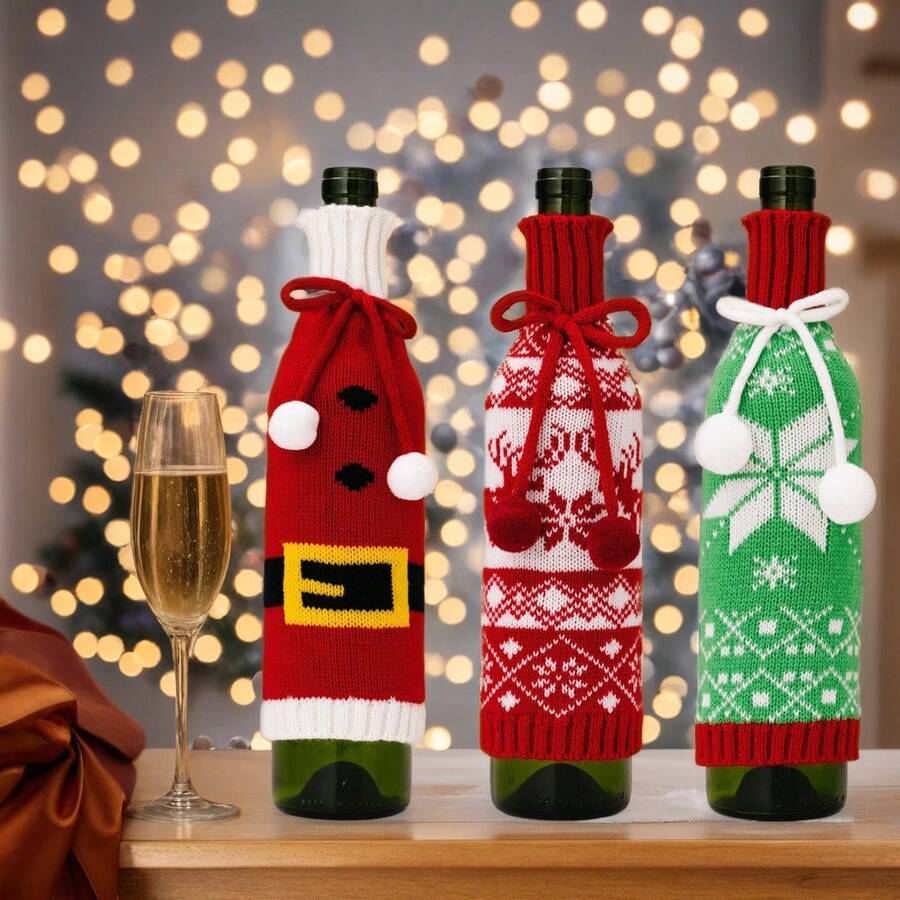 1pc/3pcs Set Holiday Wine Bottle Covers: Christmas Wine Bottle Sweater, Red Wine Bottle Sleeve, Wine Lover Christmas Party, Family Gathering, Home Decor - Multicolor - View 1