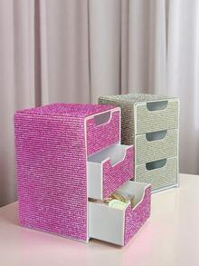Fully Rhinestoned 3-Drawer High-Aesthetic Desktop Storage Box, Jewelry & Cosmetics Organizer - 彩色 - 查看 7