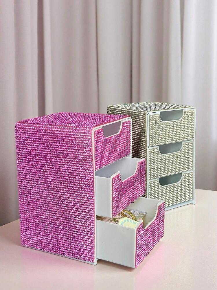 Caja de almacenamiento de escritorio de 3 cajones con alto valor estético, totalmente cubierta de rhinestones, organizador de joyas y cosméticos, regalos para mujeres, regalos de Navidad, ideas de regalos para mujeres, decoración de habitación - Multicolor - Añade 7