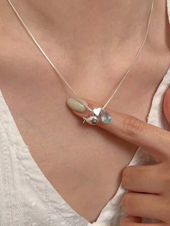 1pc Sterling 925 Silver Exquisite Elegant Cute Fish Heart Water Droplet Teardrop Glass Pendant Necklace Chock Chain For Women Daily Wearing Friendship Birthday Party Jewelry Gift
