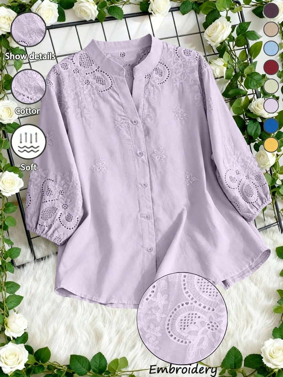 Women's Lightweight Semi-Sheer V-Neck Unstructured Embroidered Blouse, Spring/Summer - Mauve Purple - View 1