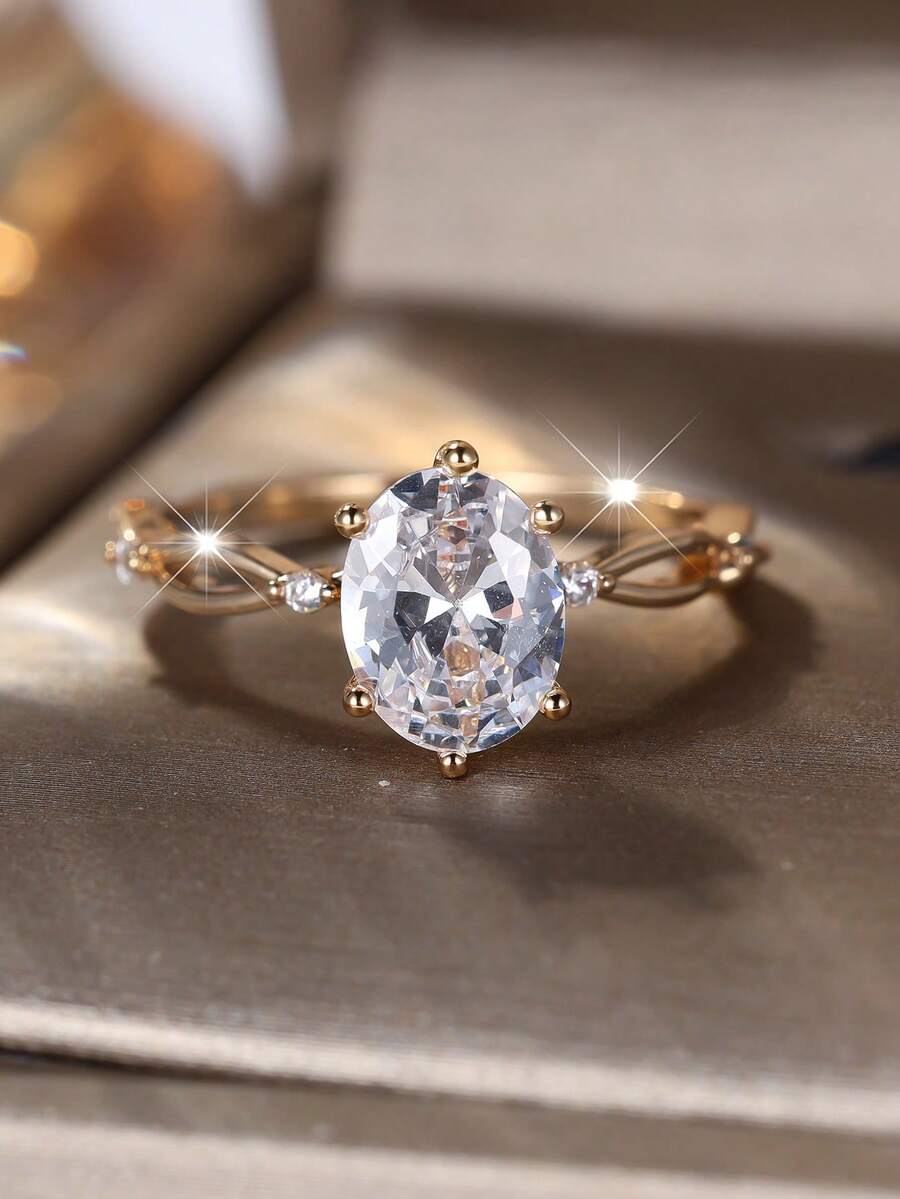 1枚女士大号长方形宝石戒指，银色白色立方氧化锆方形结婚订婚戒指珠宝礼品 - 金黃色+白 - 查看 1