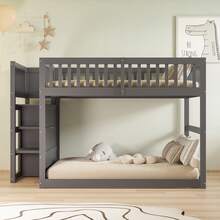 Low Bunk Bed 140 X 200, Bunk Bed With Storage, High Railing Design, Wooden Bed, White - Gray + Wood + 140cm*200cm - View 11