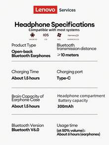 Lenovo RS105 Bluetooth Earphones, In-Ear Open-Ear, Multifunctional Touchscreen, Remote Shutter, Dual-Core Spatial Audio, Long Battery Life, Music, Sports, Gaming, Upgraded Materials, Comfortable Fit, Compatible With Smartphones And Computers - 淡紫色 - 查看 10