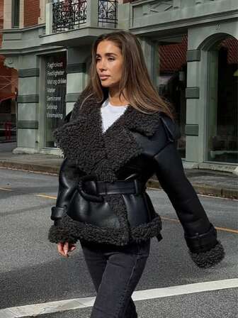 GMFP Black-Brown Short-Length Leather And Faux Fur Patchwork Women's Coat Retro Workwear Style Fashionable And Edgy Winter Streetwear For Parties Christmas New Year Dates Women's Winter Top