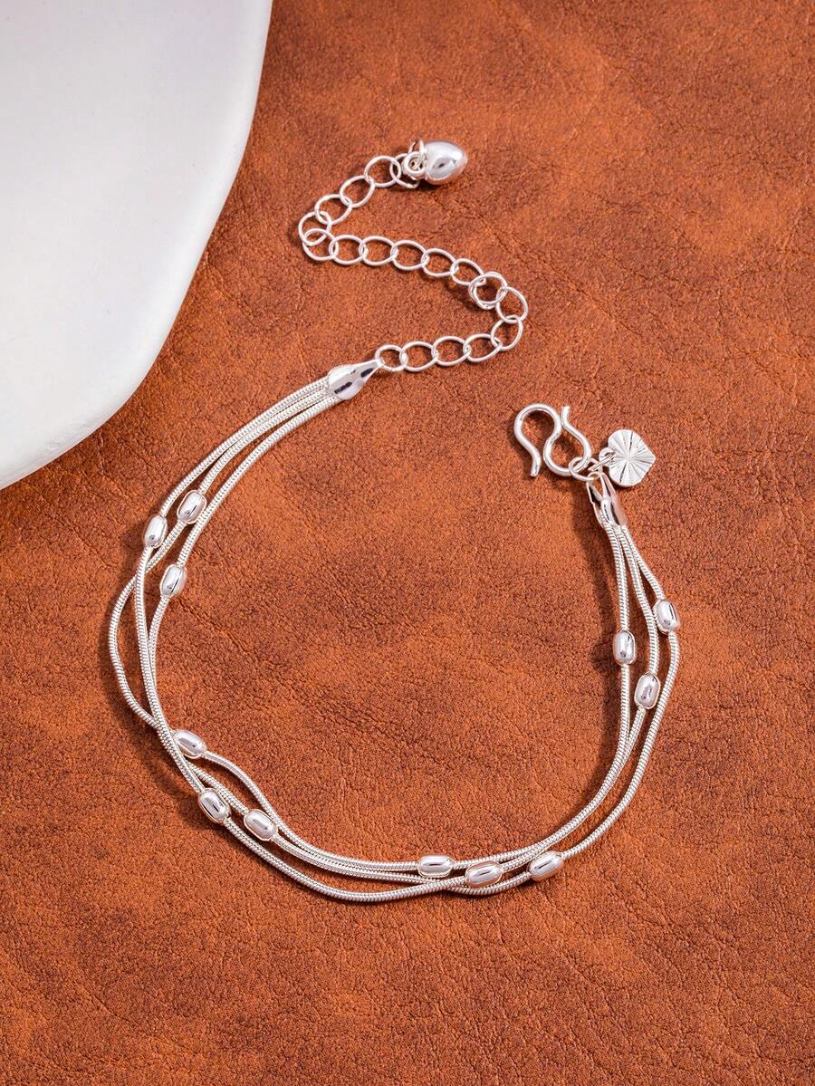 1pc Minimalist 3-Layer Heart Charm Bracelet Set, Suitable For Women's Daily Wear, Dates, Parties, Gatherings And More - Silver - View 1