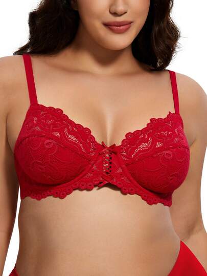 Wingslove Plus Size Spets-BH, Heltäckande Bygelfri & Ovadderad Bekväm BH, Lämplig för Alla hjärtans dag