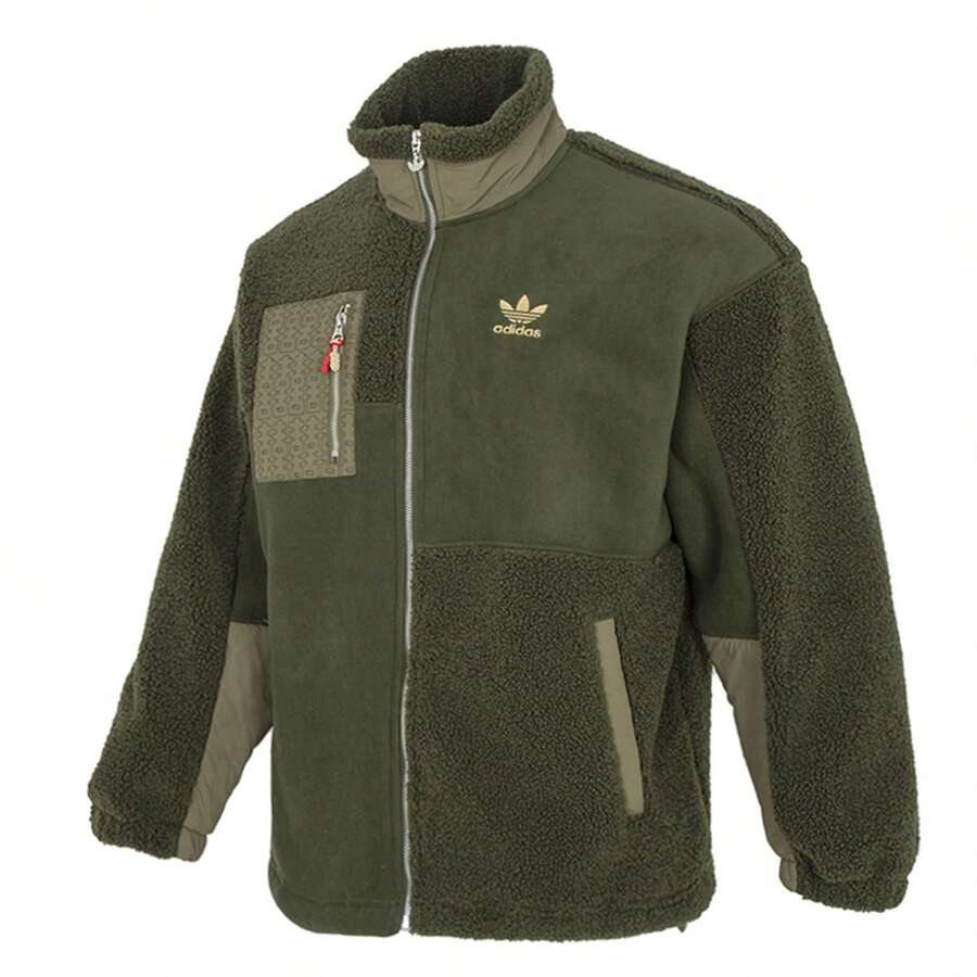 Adidas Men's Casual Comfortable Loose Turndown Collar Faux Lamb Wool Jacket, Autumn/Winter - Night Sky Cargo Green - View 1