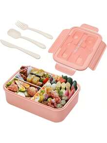 1pc Pink Lunch Box, Lunch Box With Cutlery (Upgraded Detachable Version), 1400ml Child/Adult Bento Box With 3 Compartments, Microwave Lunch Box For Work, Picnic, Office, Food Storage, Camping, Back To School, Christmas Gift - Orange-pink - View 2