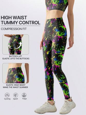 Fashionable Colorful Print Women's Leggings, High Elasticity Running Workout Pants For Spring, Summer, Autumn, Winter, Compression Tight Fit Yoga Pants With Waist Shaping