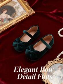 1双时尚深绿色平底鞋，天鹅绒蝴蝶结玛丽珍鞋，优雅公主风，适合派对礼服、节日庆典、生日派对等场合。 - 綠色 - 查看 11