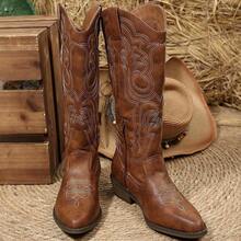 Women's Western Cowboy Boots – Mid Calf Cowgirl Embroidered Pointed Toe Chunky Heel Pull-On Knee High Boots For Fall & Winter, Comfortable Riding Boots - 駝色 - 查看 7