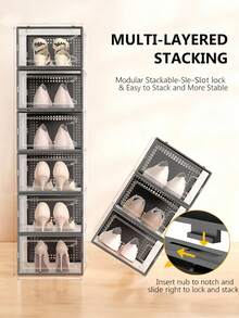 12 Pack Shoe Organizer Storage Rack Clear Plastic Stackable Shoe Boxes For Closet, Space Saving Foldable Shoe Storage Case, Sneaker Storage Shoe Box Container - Large 黑色 - 查看 5