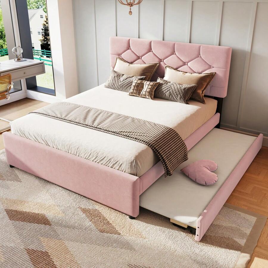Upholstered Bed, 90x200cm, Bed With Slatted Base (Without Mattress), Bed With Storage Container, Velvet, Minimalist, Pink - Pink + Velvet + 140cm*200cm - View 1