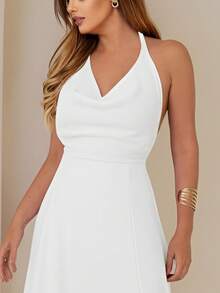 Long White Halter Neck Dress With Tie Straps Yasmin New Year's Eve Party Dress With Flowing Long Skirt With Lining And Slit NM Nana Marie - 白色 - 查看 3
