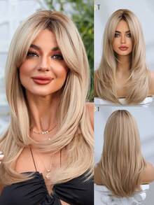 Peluca sintética resistente al calor de 18 pulgadas para mujeres de TOPSHE, peluca rubia de longitud media con flequillo en forma de ocho, moda para uso diario y fiestas - Dorado - Ver 3