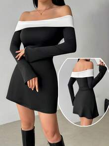 1 pieza Vestido de punto elegante y casual con bloqueo de color y espalda descubierta, adecuado para citas por la noche, bodas, fiestas de cumpleaños, fiestas de solteros, fiestas de regreso a la escuela, otoño/invierno