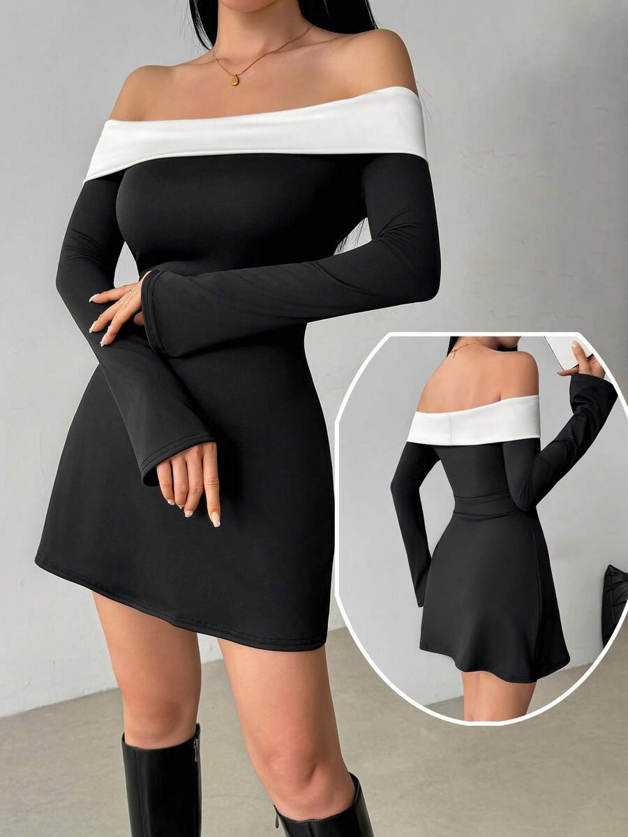 1 pieza Vestido de punto elegante y casual con bloqueo de color y espalda descubierta, adecuado para citas por la noche, bodas, fiestas de cumpleaños, fiestas de solteros, fiestas de regreso a la escuela, otoño/invierno