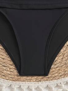 High Waist Pleated Bikini Bottoms, Casual & Versatile, Highly Elastic & Comfortable Vacation - Black - View 6