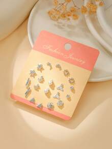 10对时尚可爱仿珍珠锆石塑料蝴蝶结、星星、月亮、花朵、蝴蝶、埃菲尔铁塔耳钉套装，适合女性日常佩戴 - 彩色 - 查看 17