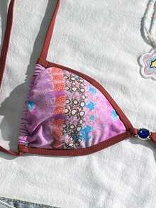 女士性感露背系带比基尼套装，波西米亚风格，中等弹力面料比基尼 - 彩色 - 查看 6