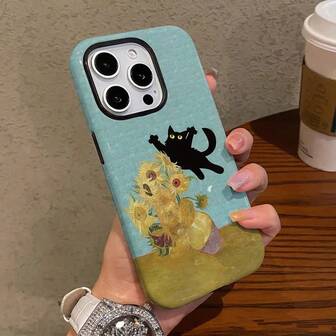 可爱猫咪梵高手机壳，适用于 16 Pro Max 15P 13 11 12 XS 8 Plus 7 亮面二合一手机壳