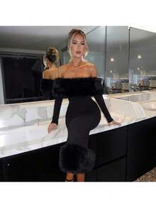 Women's Vestidos De Fiesta De Noche Autumn And Winter Bodycon Off-Shoulder Vestidos De Fiesta Elegantes Fashion Fur Collar Long Sleeved Temperament Slim Fit Evening Dress Dress Prom Dress Vestidos Elegantes De Mujer - 酒紅色 - 查看 8