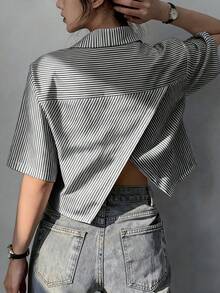 女式交叉不对称纽扣休闲短袖条纹衬衫 - 彩色 - 查看 2