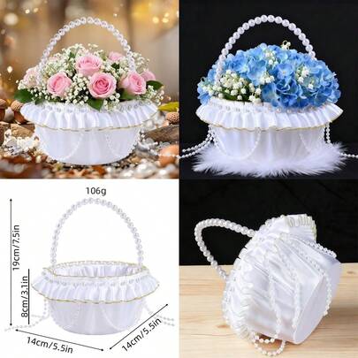 Wedding Flower Girl Baskets Elegant Decorative Pearl Glitter Trim Ruffled Wedding Basket