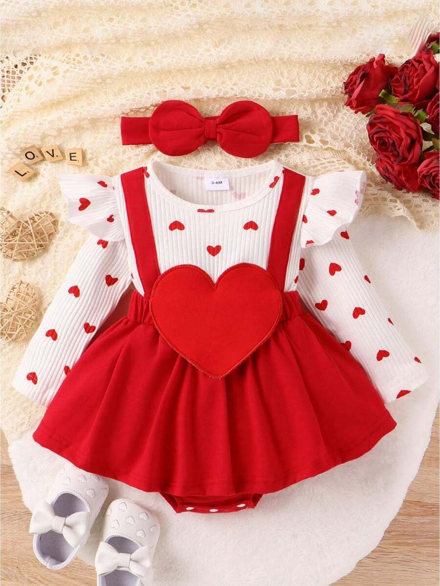 Baby Girl Valentines Day Outfit Romper Dress Ruffles Long Sleeve Heart Print Clothes Jumpsuit With Headband Valentine Baby Girl Outfit Heart Print Ribbed Long Sleeve Newborn Valentines Day Romper Dress Headband Set - trắng - Xem 1