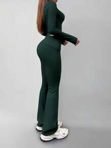 Women's Round Neck Long Sleeve T-Shirt And Pants Casual Matching Set, Versatile For Spring - Dark Green - View 6