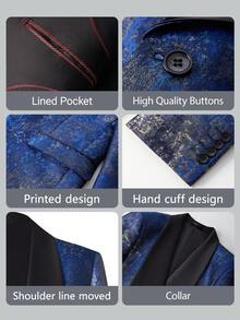 Mens Suits 3 Piece Graffiti Suit Single Breasted One Button Jackets Formal Dress Party Prom Tuxedo Suits Blazer Set - 藏蓝色 - 查看 4