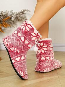 RALSWNAY 蓬松雪花图案保暖室内拖鞋，适合冬季圣诞节 - 紅色 - 查看 5