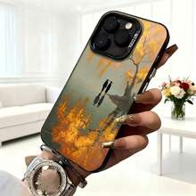 Cubierta de telefono con borde metálico para iPhone 14 Pro Max color verde oscuro con estampado de árbol y reflejo en agua con texto SO COOL adecuada para uso diario en cafeterías y salones - Blanco - Ver 6