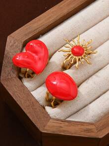 3pcs Fashionable & Cute Stainless Steel Ring Set, Includes Red Heart, Round Sun, Drippy Elements, Suitable For Men & Girl, Daily Wear, Holiday, Date, Engagement, Wedding Gift - one-size - View 1