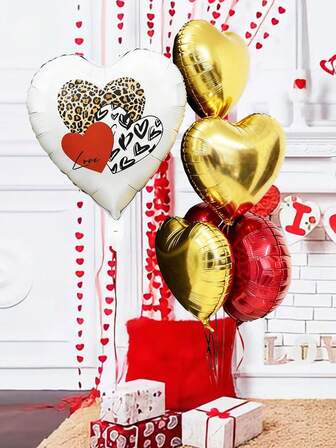 6pcs Valentine's Day Theme Balloon Set, Includes Heart Balloons, Leopard Print Red Round Foil Balloons, Suitable For Ideal Girls' Party, Singles Party, Birthday Party, Theme Party Decoration, Valentine's Day Decoration