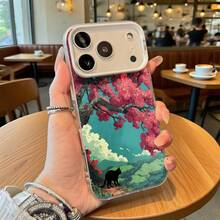 Funda de Teléfono Diseño de Paisaje de Árbol de Cerezo Rosa y Gato Negro para iPhone 14 13 12 11 Pro Max y  Galaxy S23 S22 S21 Plus Opción de Regalo Ideal para Todas las Estaciones - Plateado - Ver 2